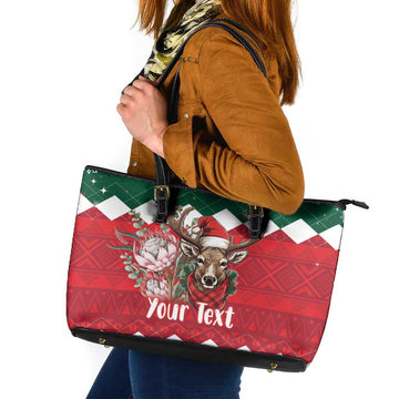 Personalized South Africa Christmas Leather Tote Bag Springbok With King Protea LT18