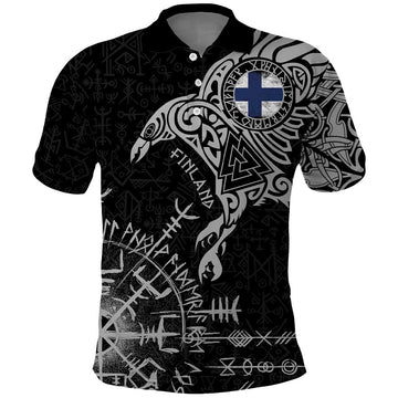 Finland Viking Ravens Polo Shirt Vegvisir Runes Pattern LT18
