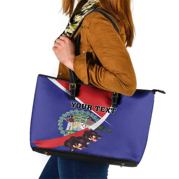 Personalized Belize Coat Of Arms Leather Tote Bag With Black Orchid Flowers LT18