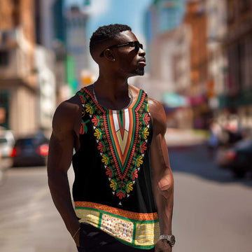Africa Dashiki Men Tank Top Embroidery Neckline Floral Pattern LT18