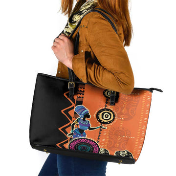 African Woman In Ethnic Dress Leather Tote Bag Ethnic Geometric Patterns LT18