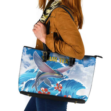 Personalized Barbados Fish Flying Leather Tote Bag With Stormy Sea Wave LT18