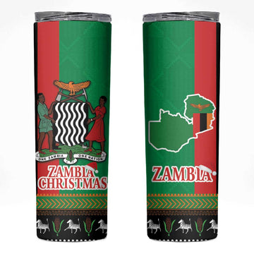 Afro Zambia Christmas Skinny Tumbler Coat Of Arms With Kente Pattern LT18