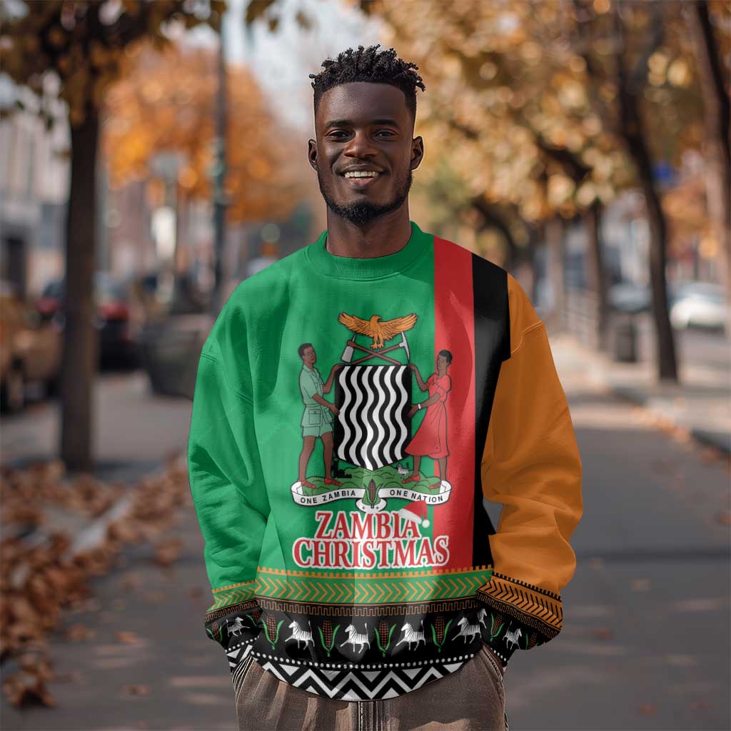 Afro Zambia Christmas Sweatshirt Coat Of Arms With Kente Pattern LT18