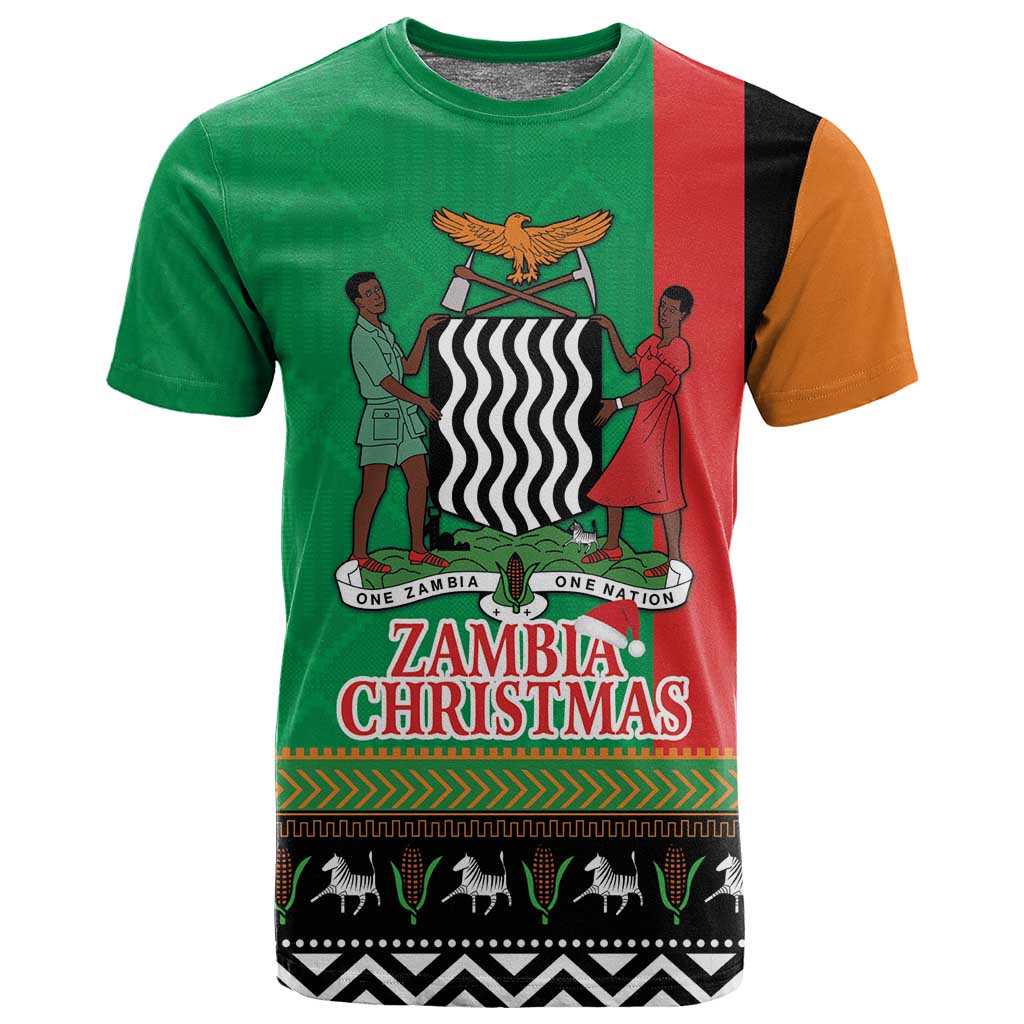 Afro Zambia Christmas T shirt Coat Of Arms With Kente Pattern LT18