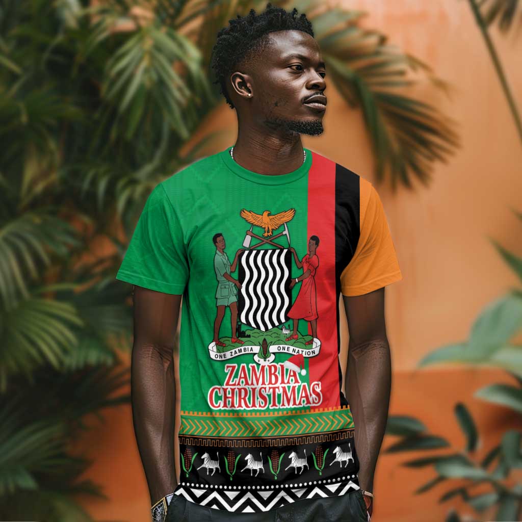 Afro Zambia Christmas T shirt Coat Of Arms With Kente Pattern LT18