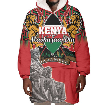 Personalized Afro Kenya Mashujaa Day Wearable Blanket Hoodie Mzee Jomo Kenyatta With Coat Of Arms LT18