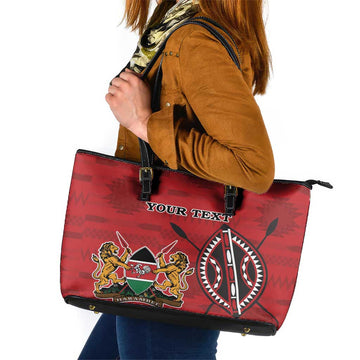 Personalized Kenya Coat Of Arms Leather Tote Bag Ethnic Seamless Pattern LT18