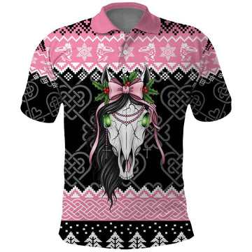 Anglesey Wales Christmas Polo Shirt Pink Mari Lwyd Welsh Celtic Knot LT19