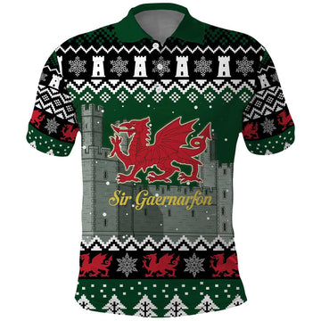 Caernarfonshire Wales Christmas Polo Shirt Caernarfon Castle Red Dragon LT19