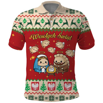 Poland Christmas Polo Shirt Polish Pierogi Mascot Nativity Scene LT19