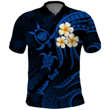 Personalised Kauai Hawaii Polo Shirt Polynesian Tattoo and Pacific Plumeria Blue Vibe LT9
