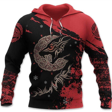 Viking Clothing Red and Black Fenrir Tattoo Hoodie RLT12