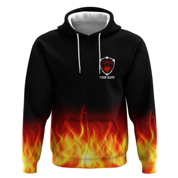 Bowling Ball and Pins Design Hoodie with Flame Background and Custom Team Name Text TS04