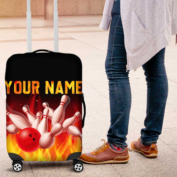 Bowling Ball and Pins Design Luggage Cover with Flame Background and Custom Team Name Text TS04