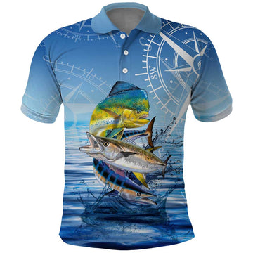 Mahi Mahi and Tuna Fish Polo Shirt Fishing Ocean Water Background and Nautical Compass Elements TS04