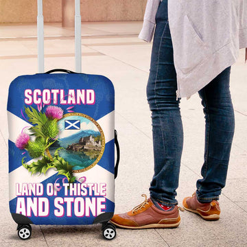 Scotland Luggage Cover with Blue Saltire Flag with Thistle Flowers Highland Landscape and Land of Thistle and Stone TS04
