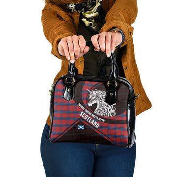 Scotland Shoulder Handbag with Red Blue Tartan Pattern with Unicorn Illustration Saltire Flag and Where Tartan Meets Myth Quote Design TS04