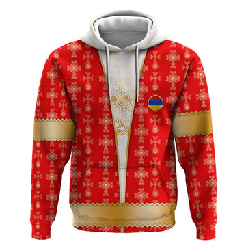 Armenian Traditional Red Hoodie with Gold Cross Pattern and Flag Crest TS04