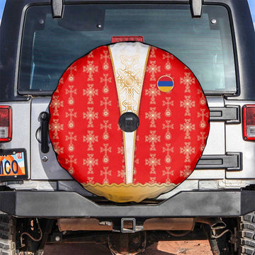 Armenian Traditional Red Spare Tire Cover with Gold Cross Pattern and Flag Crest TS04