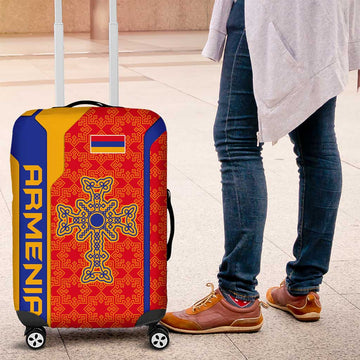 Armenia Flag-Inspired Luggage Cover with Ornamental Cross and Geometric Pattern Design TS04