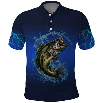 Custom Jumping Bass Fishing Polo Shirt with Water Splash and Lightning Background TS04