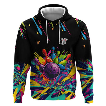 Colorful Bowling Ball and Pins Graphic Hoodie Custom with Paint Splash TS04