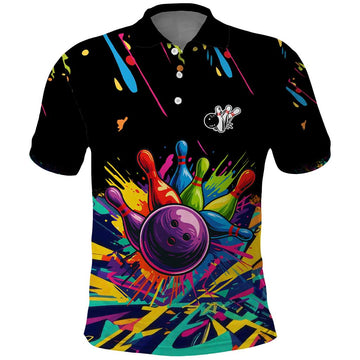 Colorful Bowling Ball and Pins Graphic Polo Shirt Custom with Paint Splash TS04