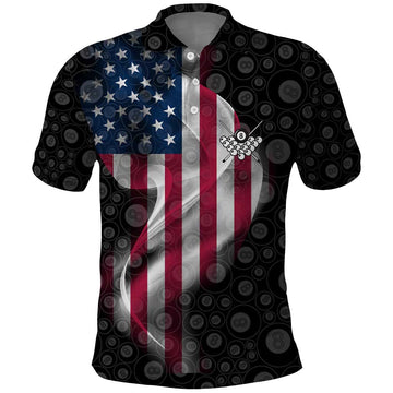 American Flag Bowling Ball and Pins Graphic Polo Shirt with Black Patterned Background and Custom Team Name Design TS04