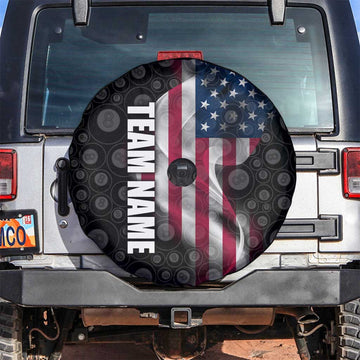 American Flag Bowling Ball and Pins Graphic Spare Tire Cover with Black Patterned Background and Custom Team Name Design TS04