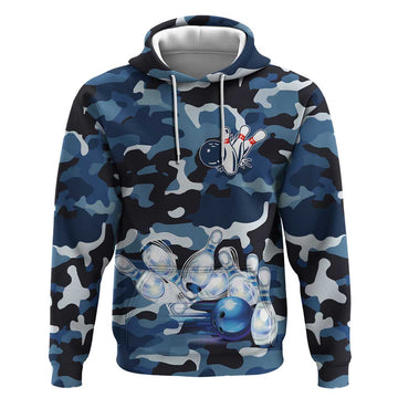 Blue Camouflage Pattern Hoodie with Bowling Pins and Ball Graphic Design TS04