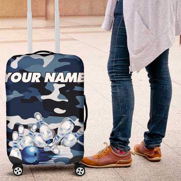 Blue Camouflage Pattern Luggage Cover with Bowling Pins and Ball Graphic Design TS04