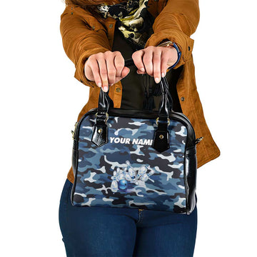 Blue Camouflage Pattern Shoulder Handbag with Bowling Pins and Ball Graphic Design TS04