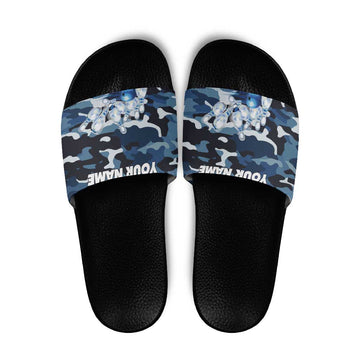 Blue Camouflage Pattern Slide Sandals with Bowling Pins and Ball Graphic Design TS04