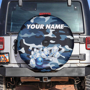 Blue Camouflage Pattern Spare Tire Cover with Bowling Pins and Ball Graphic Design TS04