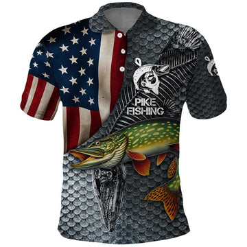 Pike Fishing Polo Shirt with American Flag and Realistic Fish Scale Texture Design TS04
