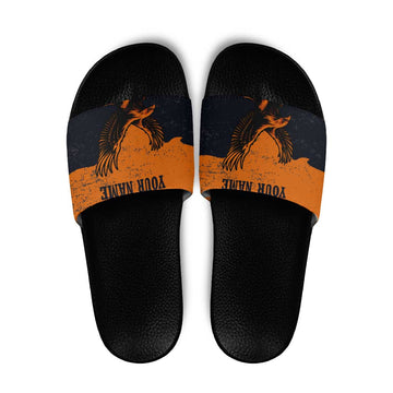 Flying Eagle Carrying Bowling Ball Slide Sandals with Grunge Orange and Black Splatter Design TS04