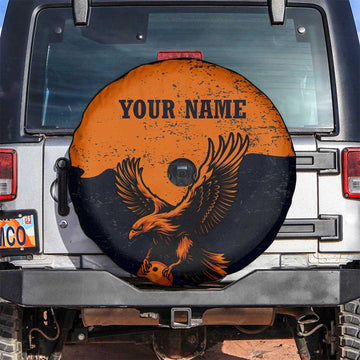 Flying Eagle Carrying Bowling Ball Spare Tire Cover with Grunge Orange and Black Splatter Design TS04