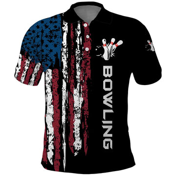 Distressed American Flag Polo Shirt with Bowling Pins and Ball Vertical Stripe Design TS04