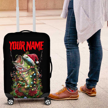 Custom Christmas Bass Fishing Luggage Cover Santa Hat and Holiday Lights on Black Background TS04