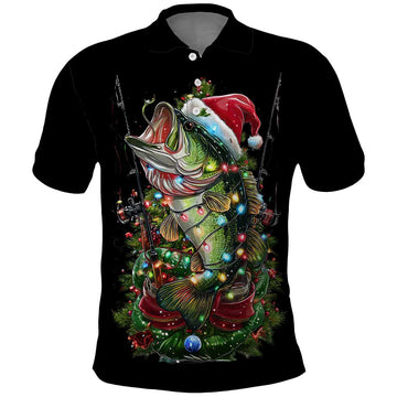 Custom Christmas Bass Fishing Polo Shirt Santa Hat and Holiday Lights on Black Background TS04