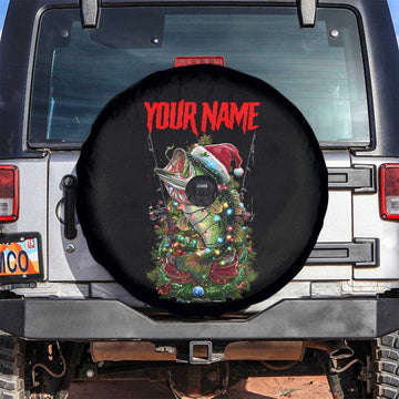 Custom Christmas Bass Fishing Spare Tire Cover Santa Hat and Holiday Lights on Black Background TS04