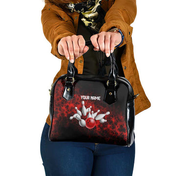 Red Bowling Ball and Pins Design Shoulder Handbag with Fiery Smoke Background and Custom Team Name Text TS04