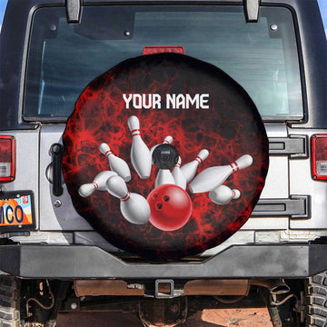 Red Bowling Ball and Pins Design Spare Tire Cover with Fiery Smoke Background and Custom Team Name Text TS04