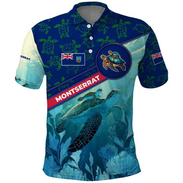 Montserrat Polo Shirt with Sea Turtle Illustration Blue Underwater Ocean Design TS04