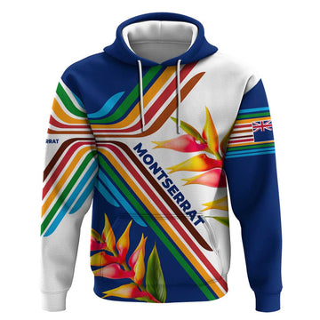 Montserrat Hoodie with Heliconia Flower Illustration Colorful Retro Stripe Design TS04