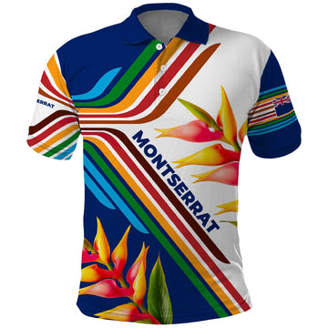 Montserrat Polo Shirt with Heliconia Flower Illustration Colorful Retro Stripe Design TS04