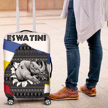 Eswatini Rhino Luggage Cover with African Map and Traditional Swazi Flag Patterns TS04