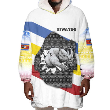 Eswatini Rhino Wearable Blanket Hoodie Swazi Map Flag and African Traditional Patterns TS04