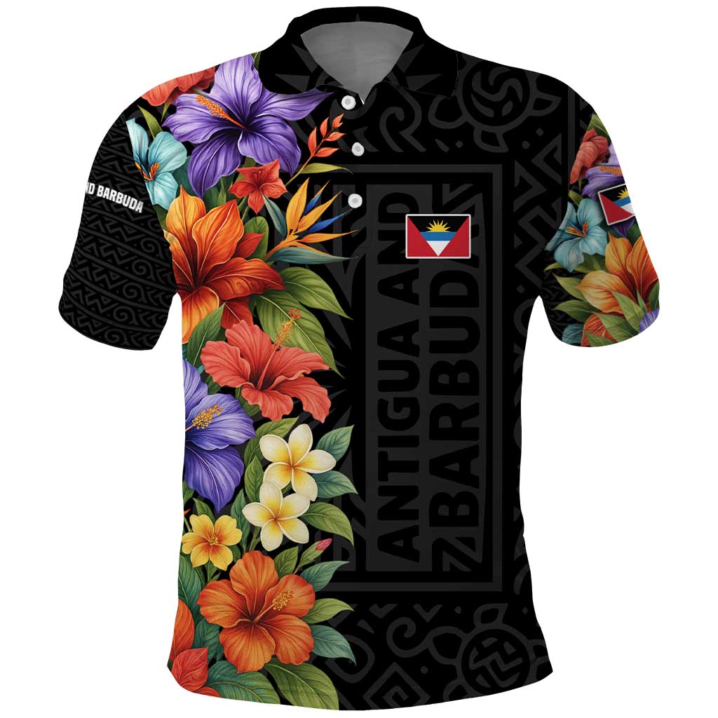 Antigua and Barbuda Floral Polo Shirt with Tropical Hibiscus with National Flag TS04
